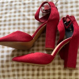 Red Pointed-Toe Ankle-Strap Block Heels